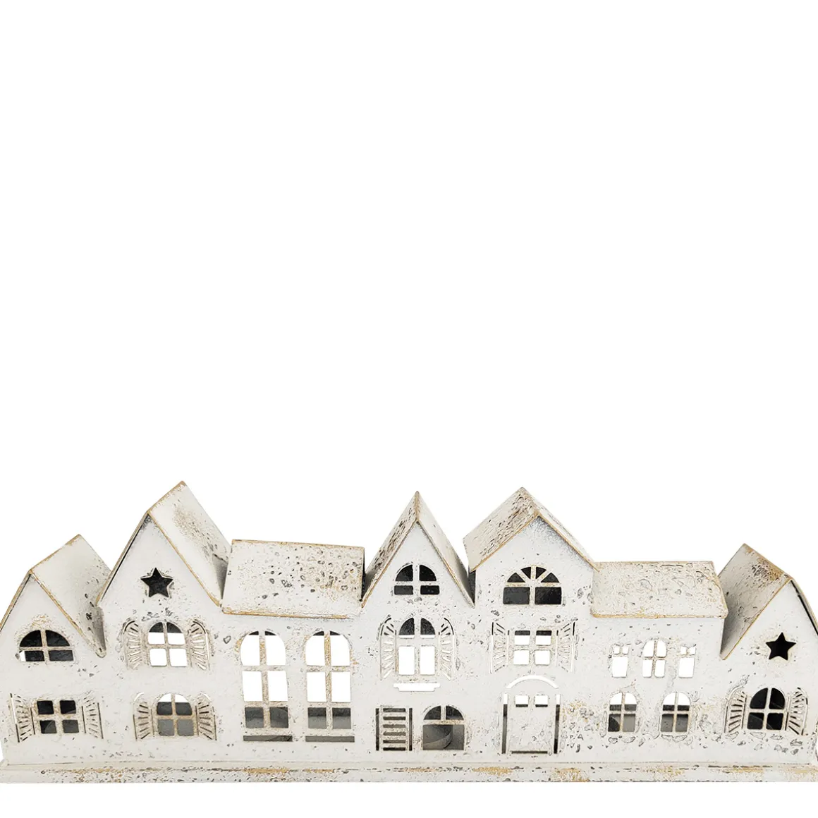 LED Windlicht Häuserzeile Weihnachten usedlook, langes Windlicht für Fensterbank, 51cm