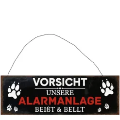 Metall Schild mit Spruch: Vorsicht Unsere Alarmanlage beißt & bellt, 30x13cm, Hänger, Gerrys Garden