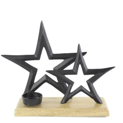 Metall Teelichthalter Sterne, schwarz/natur, 23x20cm, Metall/Holz