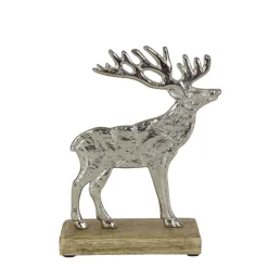 Metallhirsch auf Holzsockel, Metallhirsch silber beschlagen, 17cm