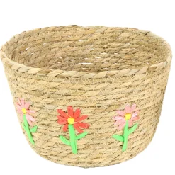 Pflanzkorb Seegras mit Blumen, Übertopf natur mit Blumen, 22x15cm, Naturkorb