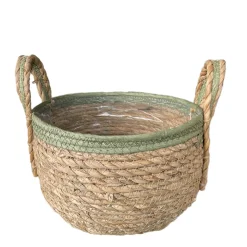 Pflanzkorb Seegras natur, Übertopf mit Henkel natur mit grünem Rand, 17cm, Naturkorb