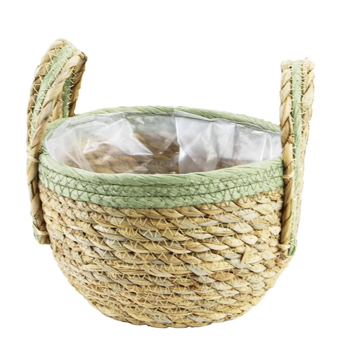 Pflanzkorb Seegras natur, Übertopf mit Henkel natur mit grünem Rand, 17cm, Naturkorb