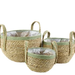 Pflanzkorb Seegras natur, Übertopf mit Henkel natur mit grünem Rand, 17cm, Naturkorb