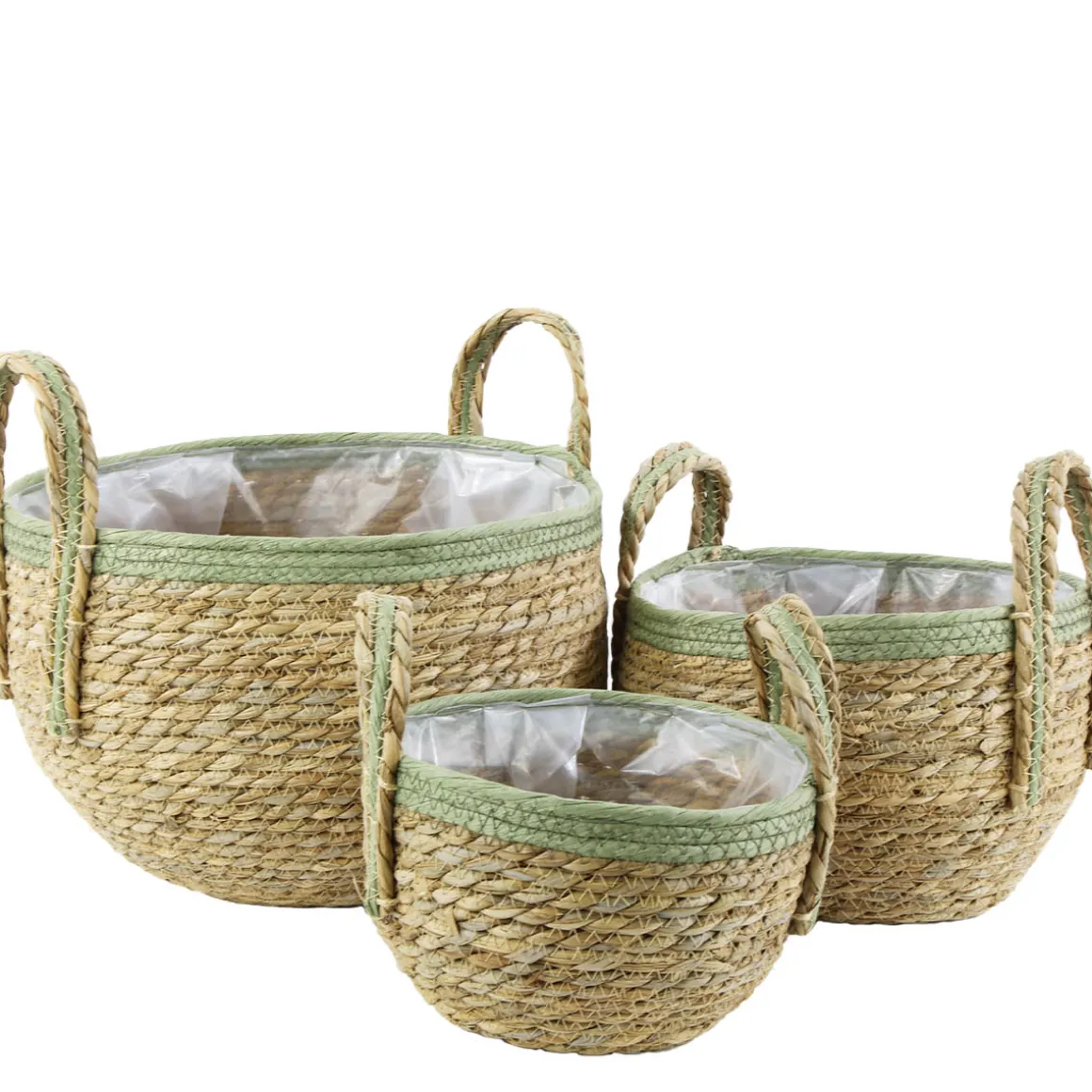 Pflanzkorb Seegras natur, Übertopf mit Henkel natur mit grünem Rand, 17cm, Naturkorb