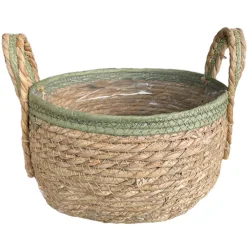 Pflanzkorb Seegras natur, Übertopf mit Henkel natur mit grünem Rand, 24cm, Naturkorb