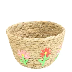 Pflanzkorb Seegras mit Blumen, Übertopf natur mit Blumen, 17x11cm, Naturkorb