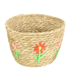 Pflanzkorb Seegras mit Blumen, Übertopf natur mit Blumen, 19x13cm, Naturkorb