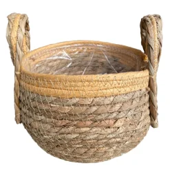 Pflanzkorb Seegras natur-helles orange, Übertopf mit Henkel, Naturkorb mit Folie ausgekleidet, 23x30