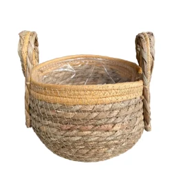 Pflanzkorb Seegras natur-helles orange, Übertopf mit Henkel, Naturkorb mit Folie ausgekleidet, 18x25