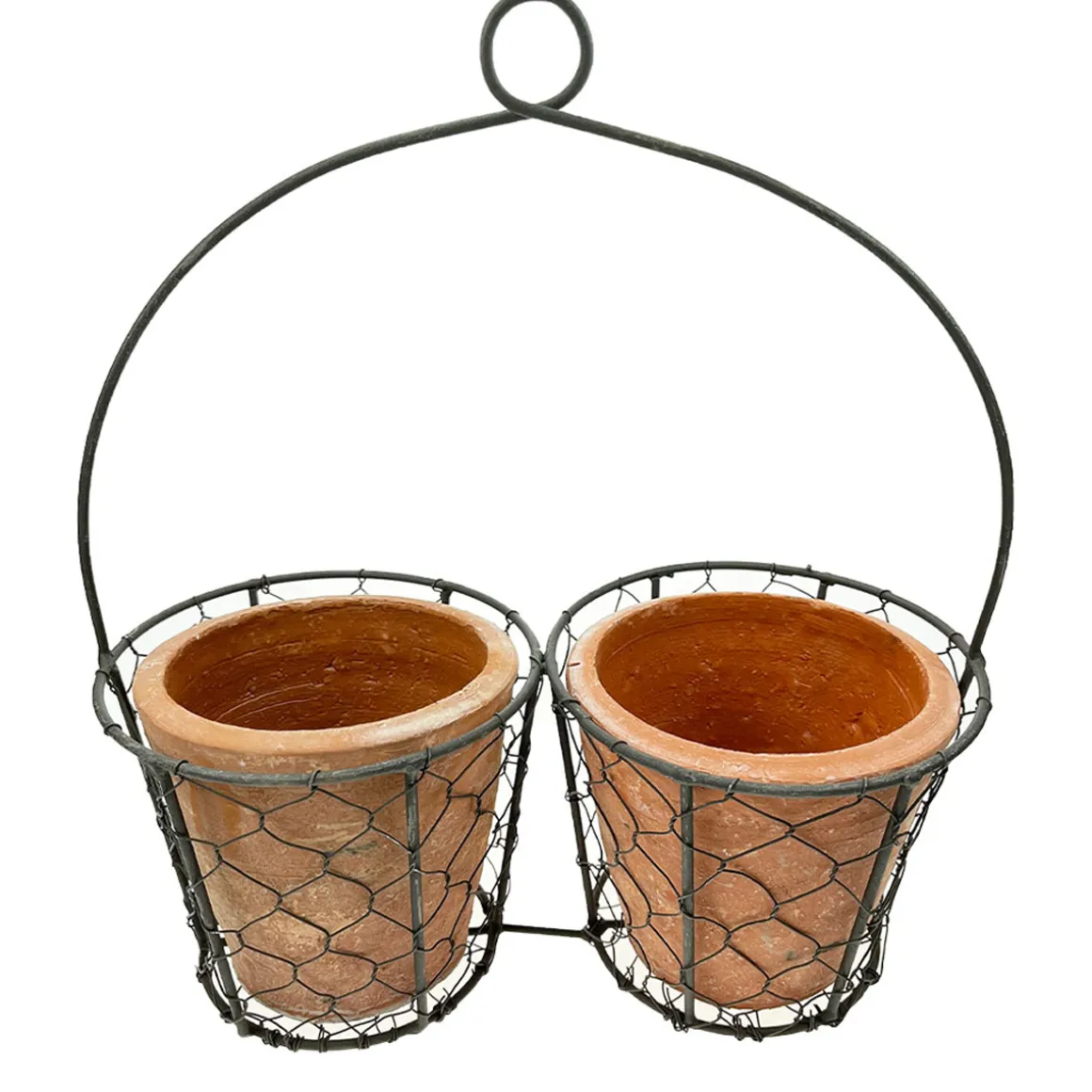 Pflanztopf doppelt, Drahtkorb mit 2 Keramiktöpfe, 23x20cm