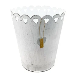Pflanztopf Shabby Chic weiß mit Herzen, Metalltopf weiß used look, 13x15cm