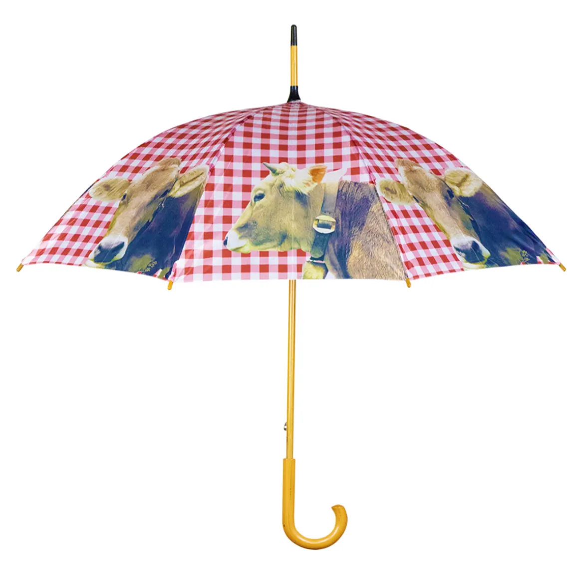 Regenschirm Kuh, Schweizer Kuh mit Glocke, Karomuster rot, 105cm, Holzgriff, Mars & More