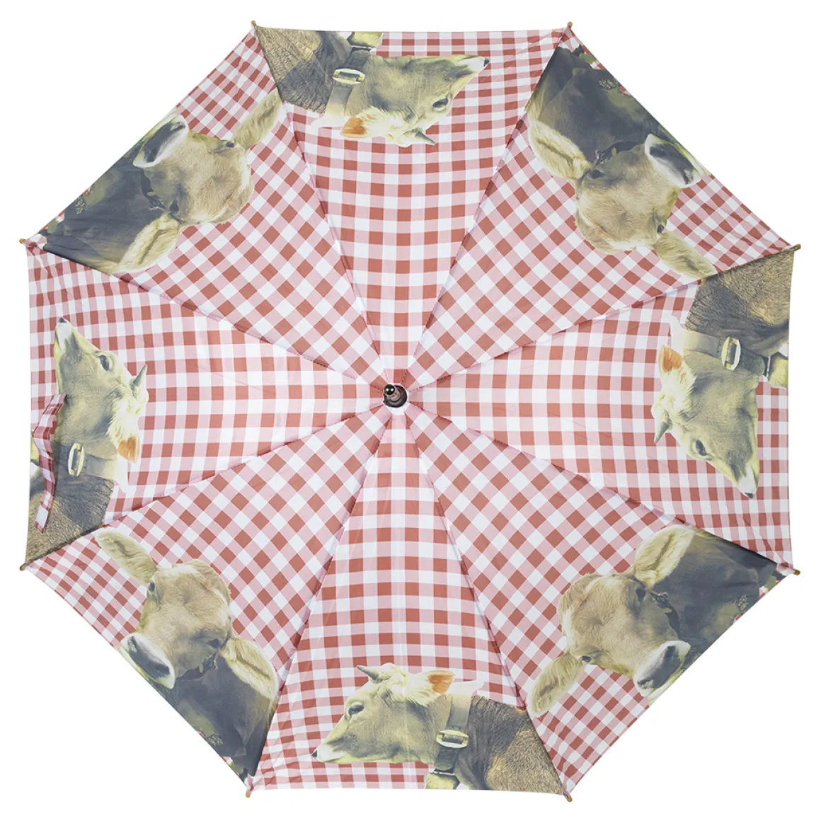 Regenschirm Kuh, Schweizer Kuh mit Glocke, Karomuster rot, 105cm, Holzgriff, Mars & More