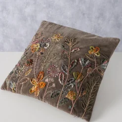 Samt Kissen Steffy, Blumenkissen bestickt, olivgrün, 45x45cm, Boltze Home Collections