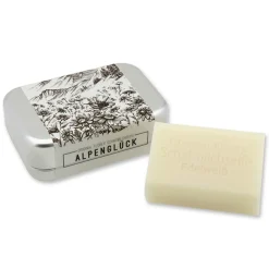 Schafmilchseife Alpenglück eckig, in einer Seifendose mit Berg- und Blumen Motiv, 100g, Florex