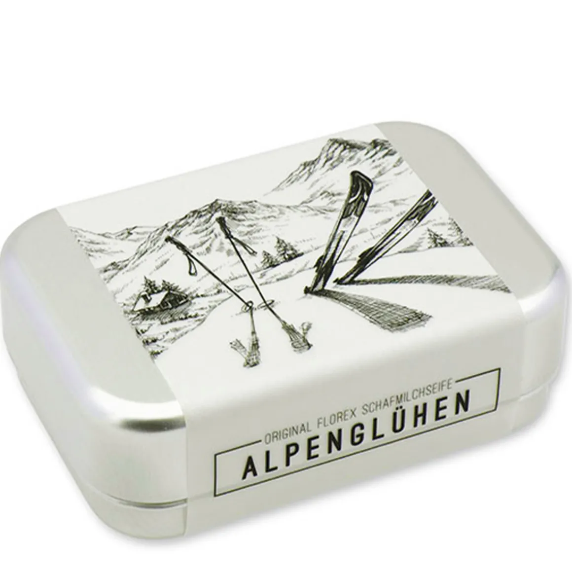 Schafmilchseife Alpenglühen eckig, in einer Seifendose mit Winter Ski Motiv, 100g, Florex