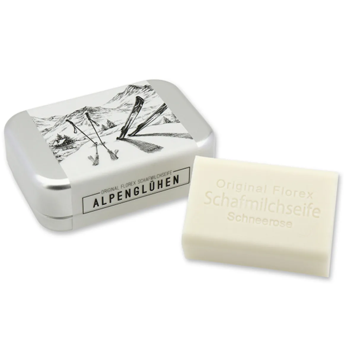 Schafmilchseife Alpenglühen eckig, in einer Seifendose mit Winter Ski Motiv, 100g, Florex