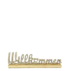 Schriftzug Willkommen, Aufsteller aus Holz mit silbernem Schriftzug, 35cm