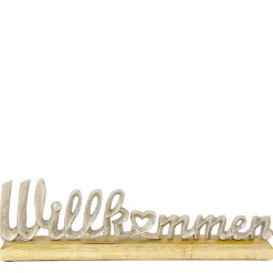 Schriftzug Willkommen, Aufsteller aus Holz mit silbernem Schriftzug, 35cm