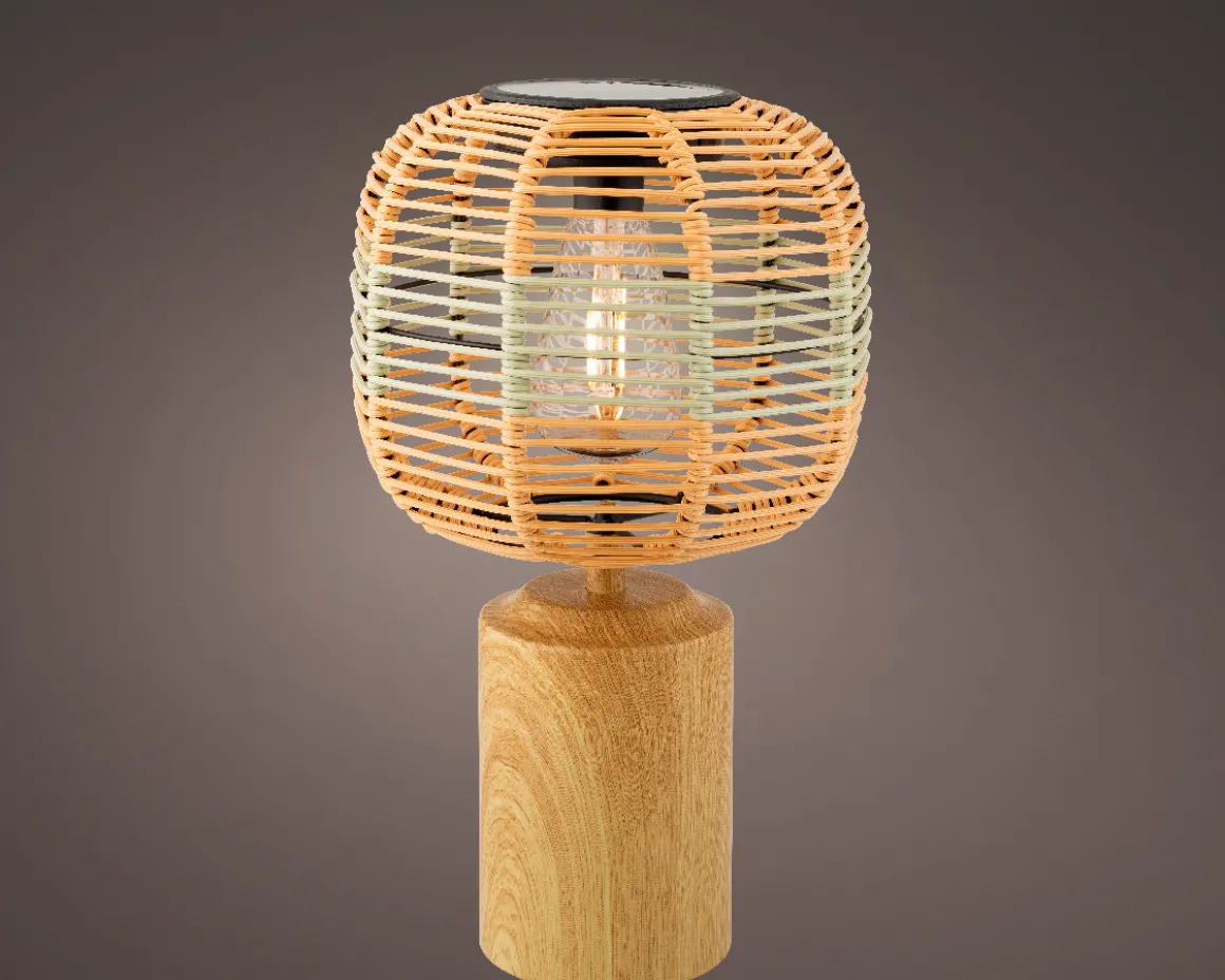 Solar Tischlampe Lampenschirm Korb mit Standfuß in Holzoptik, 36cm