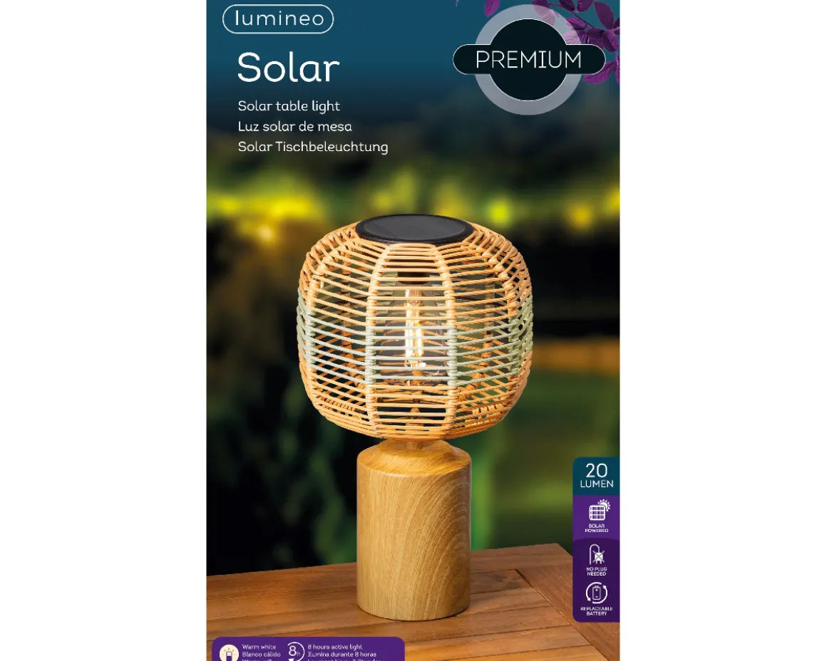 Solar Tischlampe Lampenschirm Korb mit Standfuß in Holzoptik, 36cm