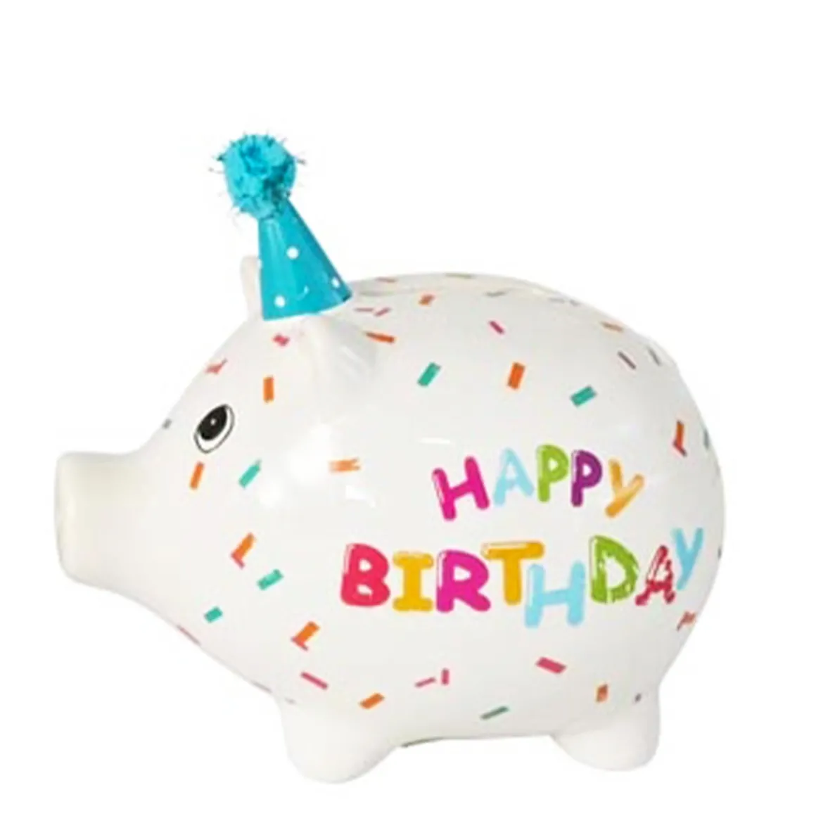 Spardose Party Schweinchen Happy Birthday, Sparschwein weiß mit Partyhut, Keramikspardose