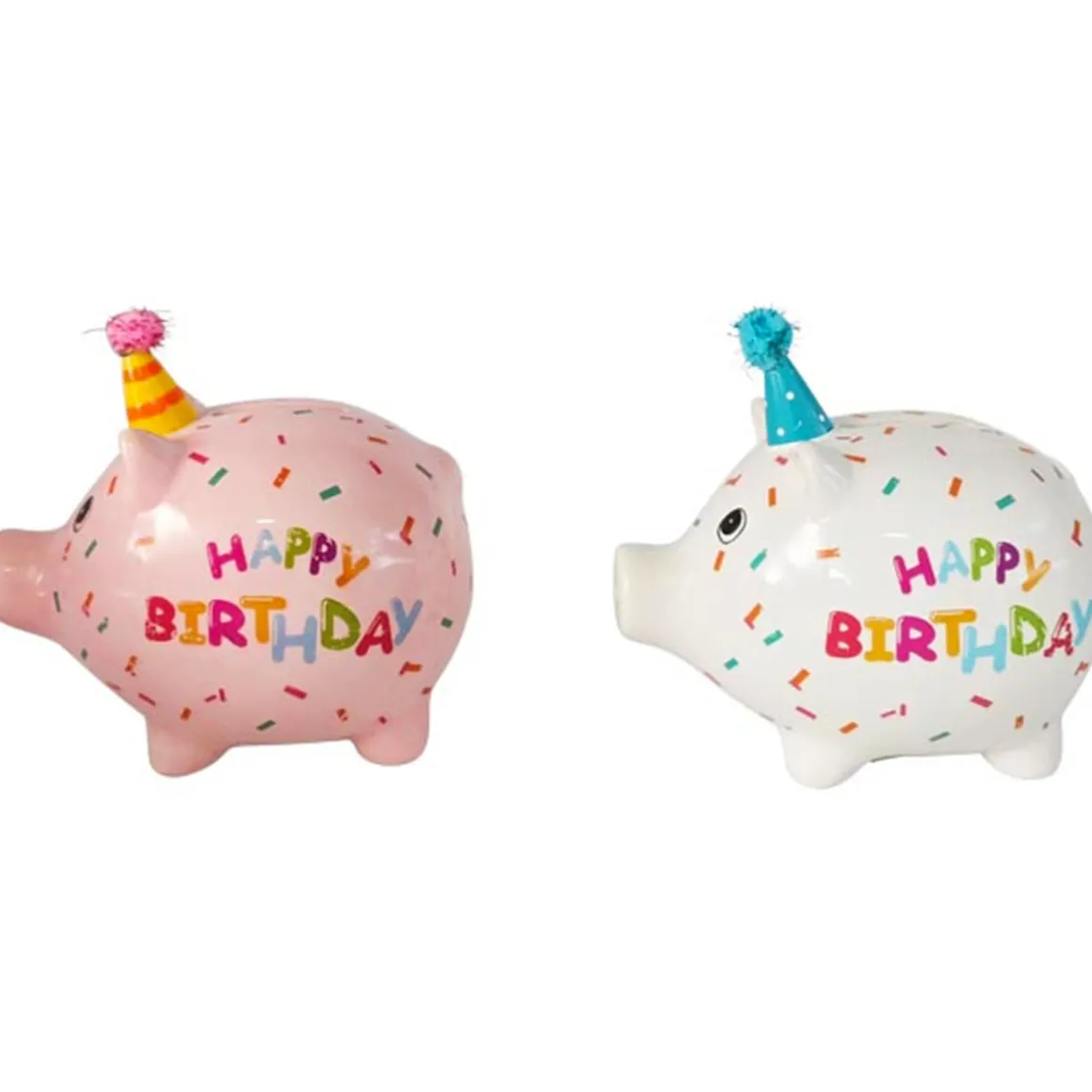 Spardose Party Schweinchen Happy Birthday, Sparschwein weiß mit Partyhut, Keramikspardose