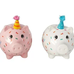 Spardose Party Schweinchen Happy Birthday, Sparschwein weiß mit Partyhut, Keramikspardose