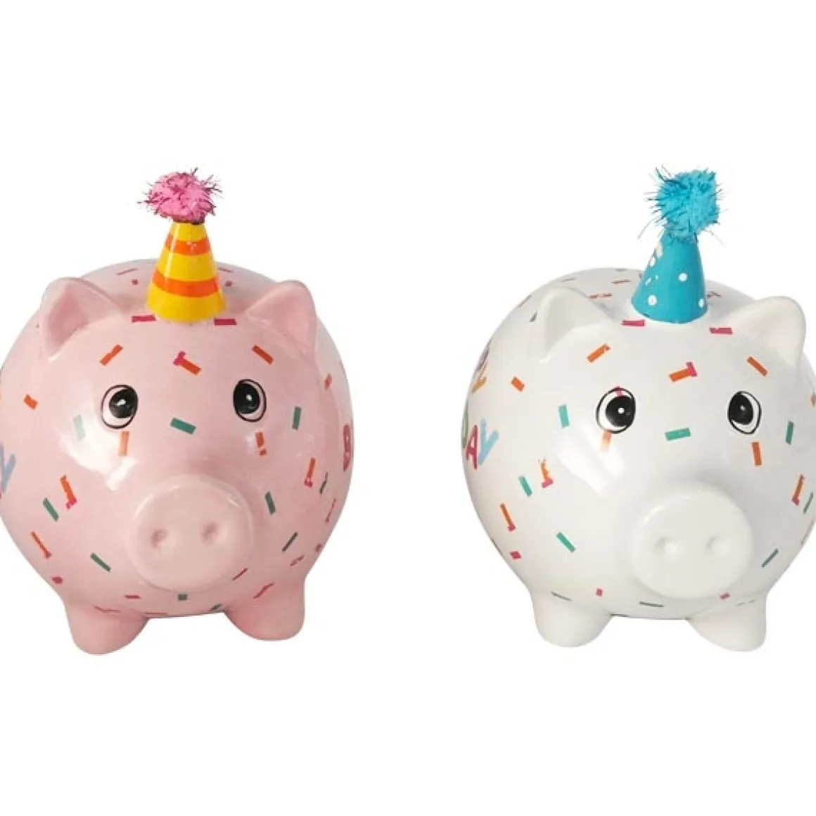 Spardose Party Schweinchen Happy Birthday, Sparschwein weiß mit Partyhut, Keramikspardose