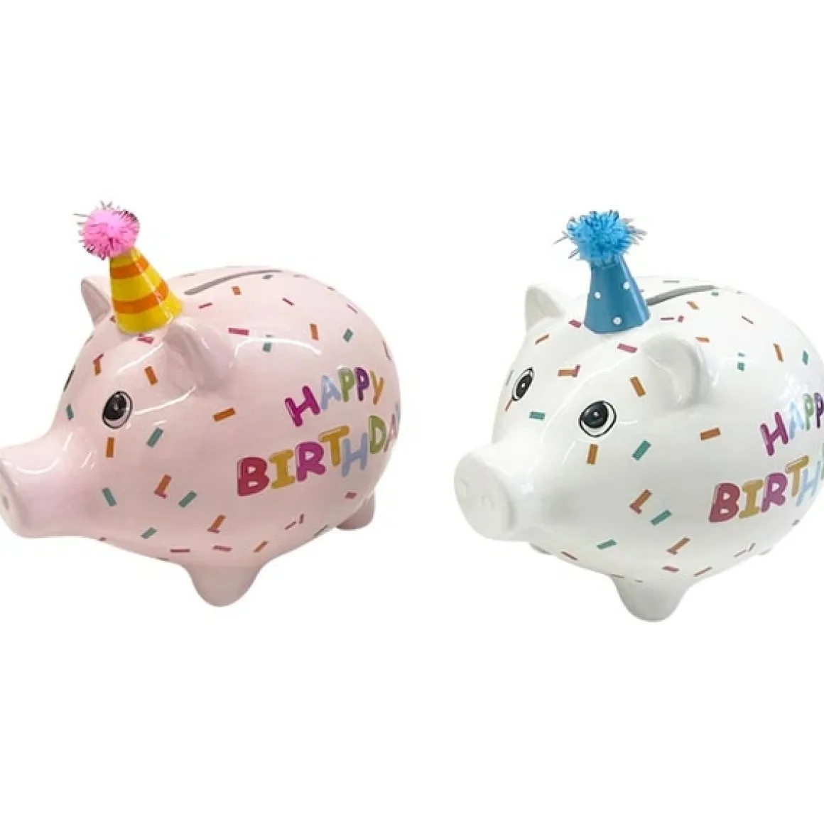 Spardose Party Schweinchen Happy Birthday, Sparschwein weiß mit Partyhut, Keramikspardose