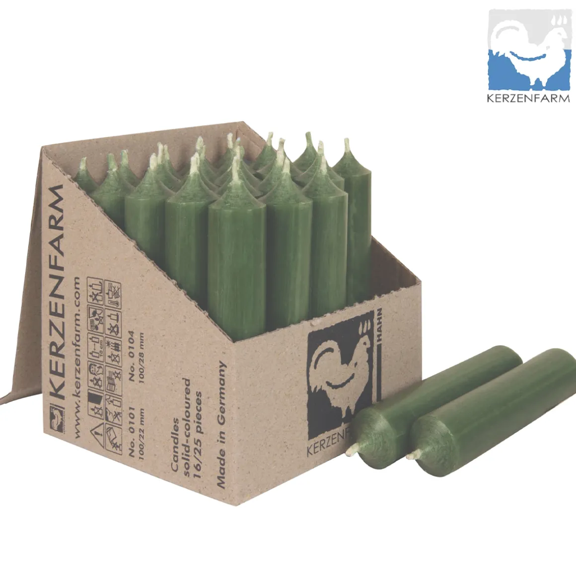 Stabkerze kieferngrün rustikal, Wachskerze, 100x22mm, Kerzenfarm Hahn