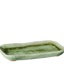 Tablett moosgrün, rustikale Steingutschale länglich, 20cm, Ib Laursen