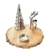 Teelichthalter Hirsch, Holztablett mit Hirsch und Tannenbaum, silber, Ø22cm