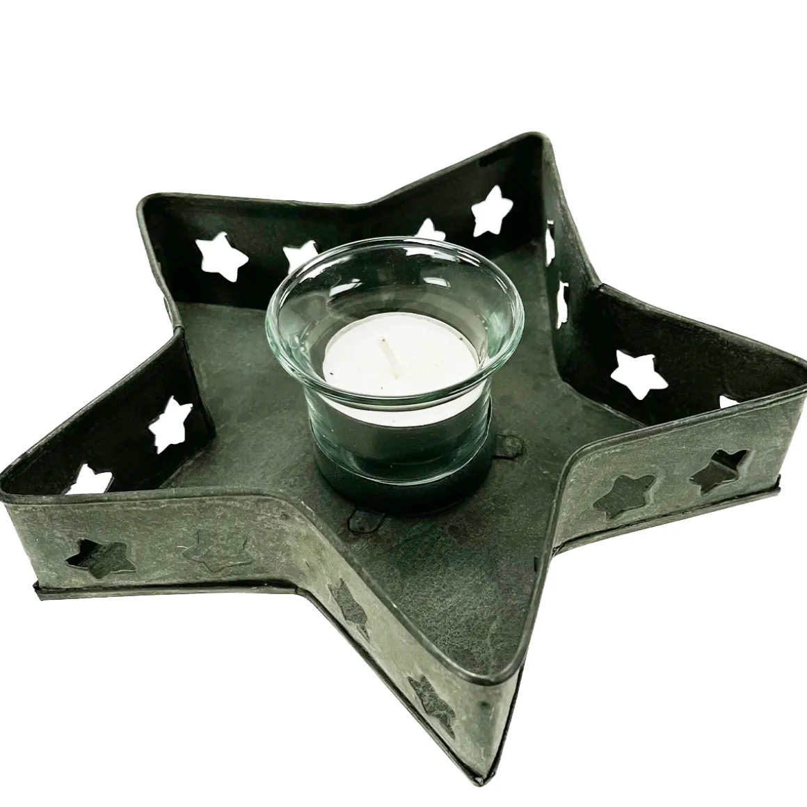 Teelichthalter Weihnachten grau used look, Zinkstern, Zinkschale mit Sterne