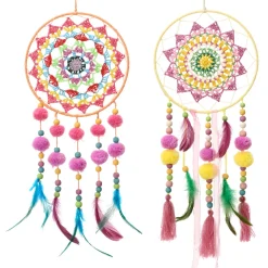 Traumfänger Boho bunt, Dreamcatcher mit Pompons pink und gelb, Ø20cm