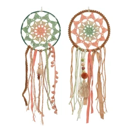 Traumfänger Boho gehäckelt, Dreamcatcher mit Pompons und Schnüre, grün-lachs