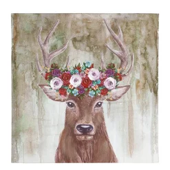 Wandbild Hirsch, Hirschbild, Hirsch mit Blütenkranz auf Leinwand, 40x40cm, Gilde