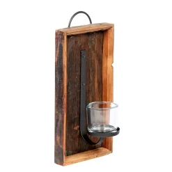 Wandleuchter Windlicht Rhinno, rustikaler Eisenleuchter auf Naturholz-Tablett, 40cm, WMG Grünberger