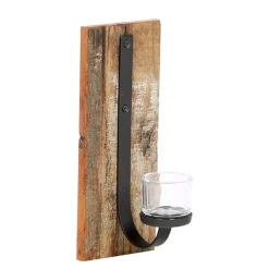 Wandleuchter Windlicht Rhinno, rustikaler Eisenleuchter auf Naturholz, 30cm, WMG Grünberger