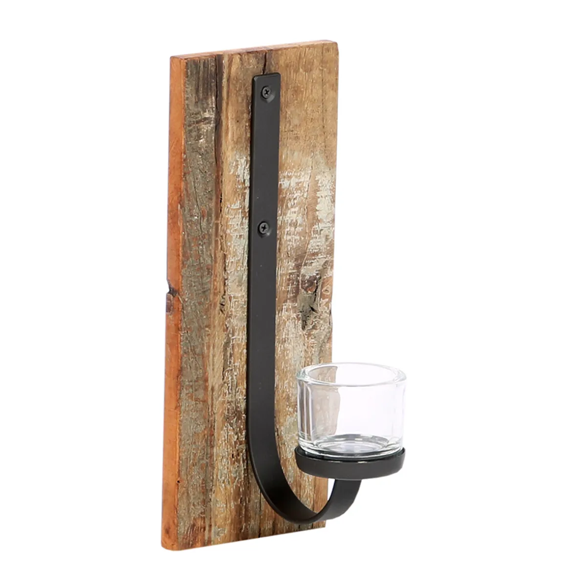 Wandleuchter Windlicht Rhinno, rustikaler Eisenleuchter auf Naturholz, 30cm, WMG Grünberger