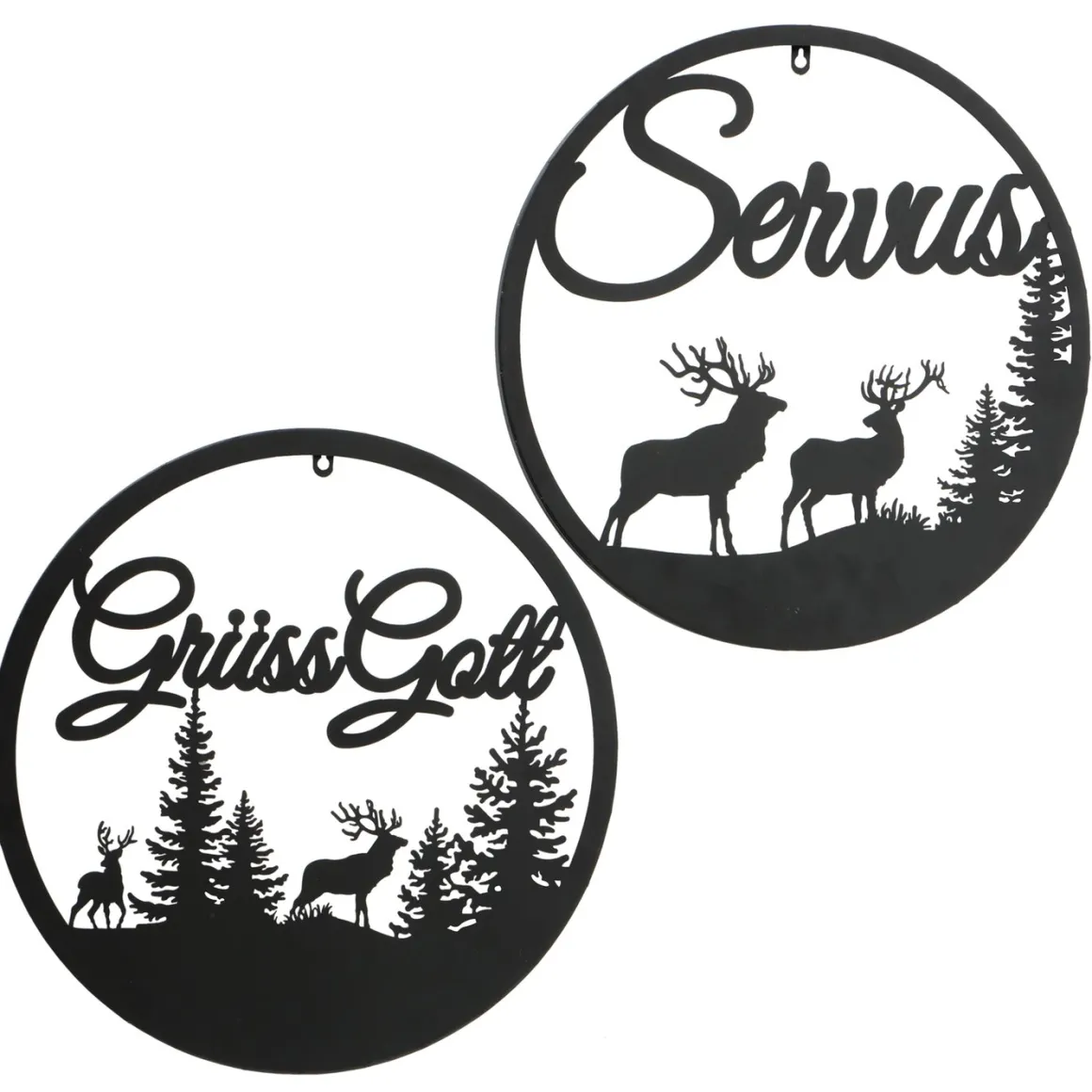 Wandobjekt Hirsch Ludwig, Metallschild mit Spruch: Grüss Gott, Ø50cm, Boltze Home Collections