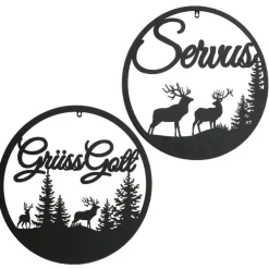 Wandobjekt Hirsch Ludwig, Metallschild mit Spruch: Grüss Gott, Ø50cm, Boltze Home Collections