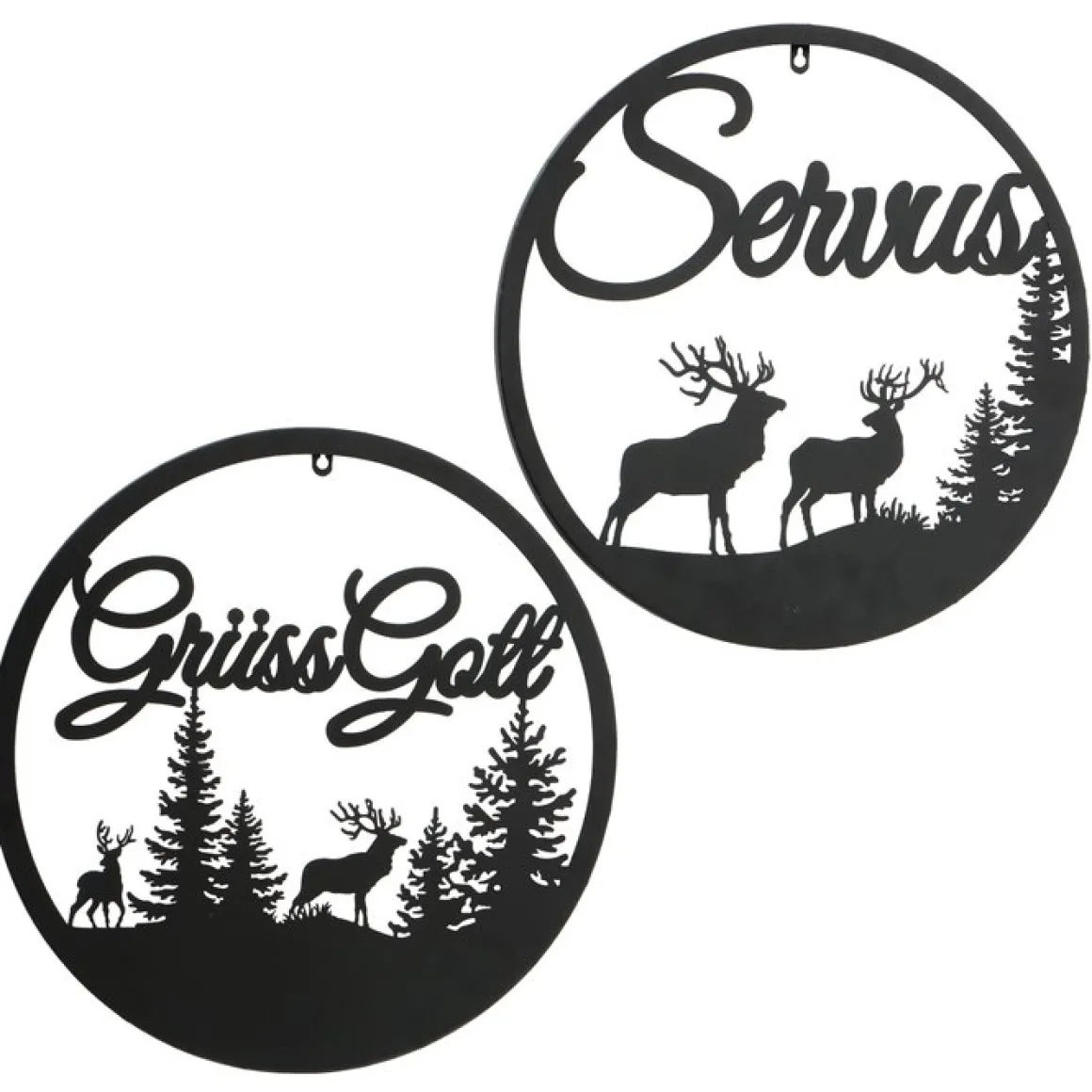 Wandobjekt Hirsch Ludwig, Metallschild mit Spruch: Grüss Gott, Ø50cm, Boltze Home Collections