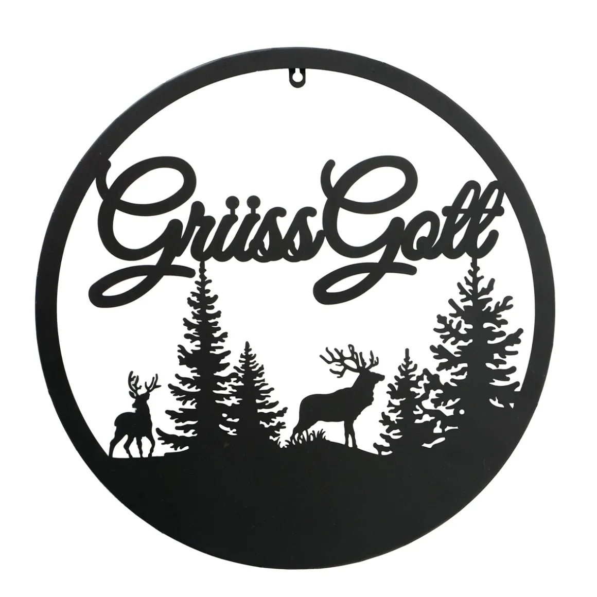 Wandobjekt Hirsch Ludwig, Metallschild mit Spruch: Grüss Gott, Ø50cm, Boltze Home Collections