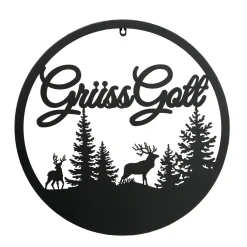 Wandobjekt Hirsch Ludwig, Metallschild mit Spruch: Grüss Gott, Ø50cm, Boltze Home Collections