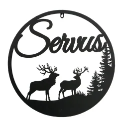 Wandobjekt Hirsch Ludwig, Metallschild mit Spruch: Servus, Ø50cm, Boltze Home Collections