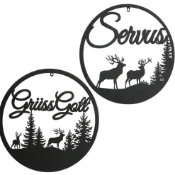 Wandobjekt Hirsch Ludwig, Metallschild mit Spruch: Servus, Ø50cm, Boltze Home Collections