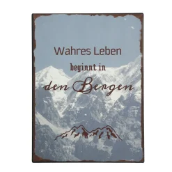 Wandschild Berge, Metallschild: Wahres Leben beginnt in den Bergen, 40x30cm, Boltze Home Collections