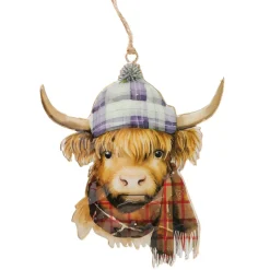 Weihnachtshänger Hochlandrind Muka, Emaillehänger Stier mit Pudelmütze und Schal, Boltze Home Collections